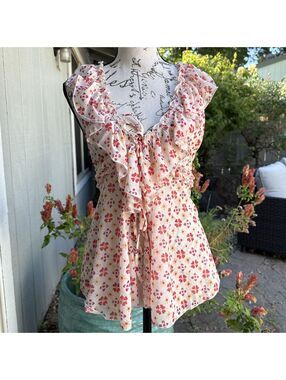 Free People Fearless Cami Coral Flutter Tie Top Open Front Satin Ruffles S